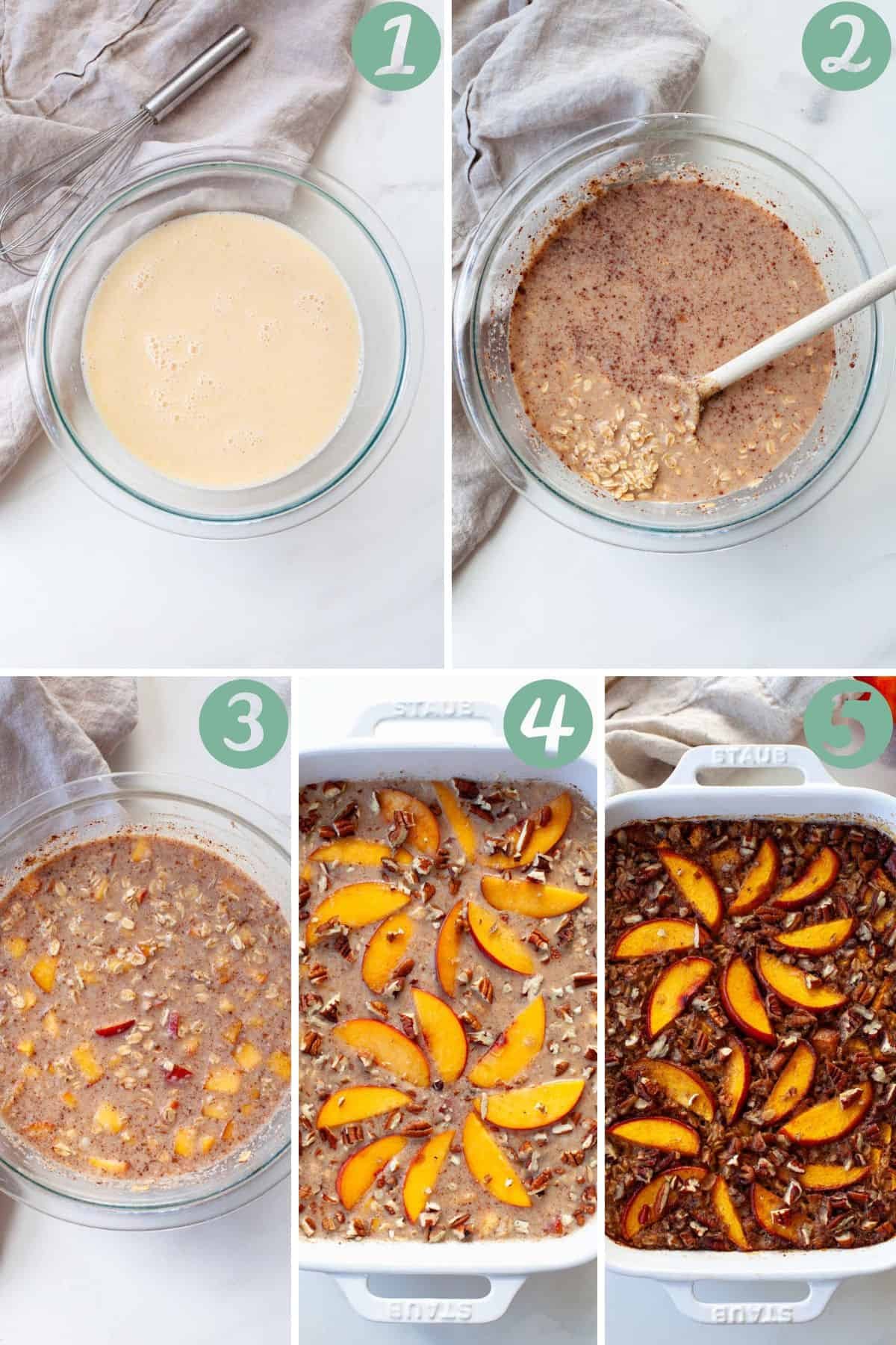 step by step graphic of how to make peach baked oatmeal
